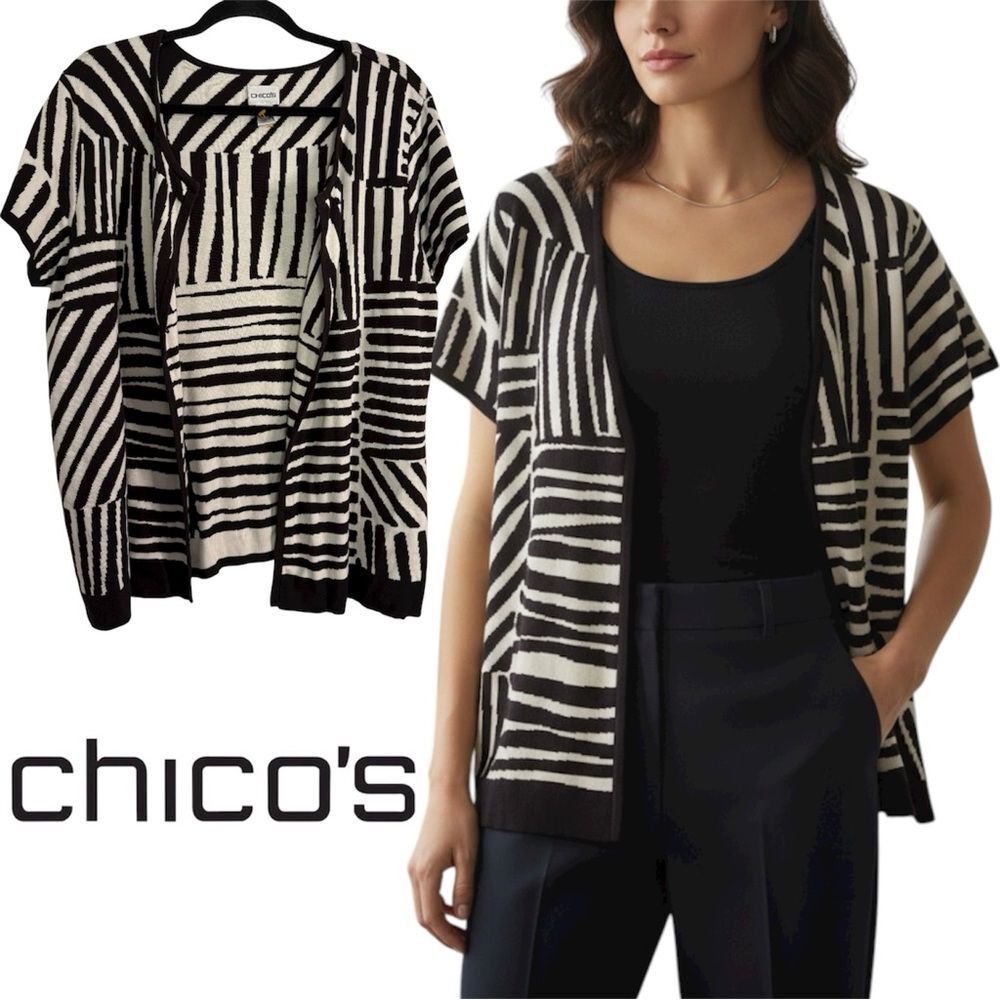 Chico's Black and White Silk Blend Zebra Print Cardigan Sweater XL